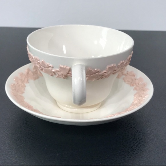 Wedgwood Etruria Embossed Queens Ware Pink on White Tea Cup Saucer Set England - Picture 7 of 16